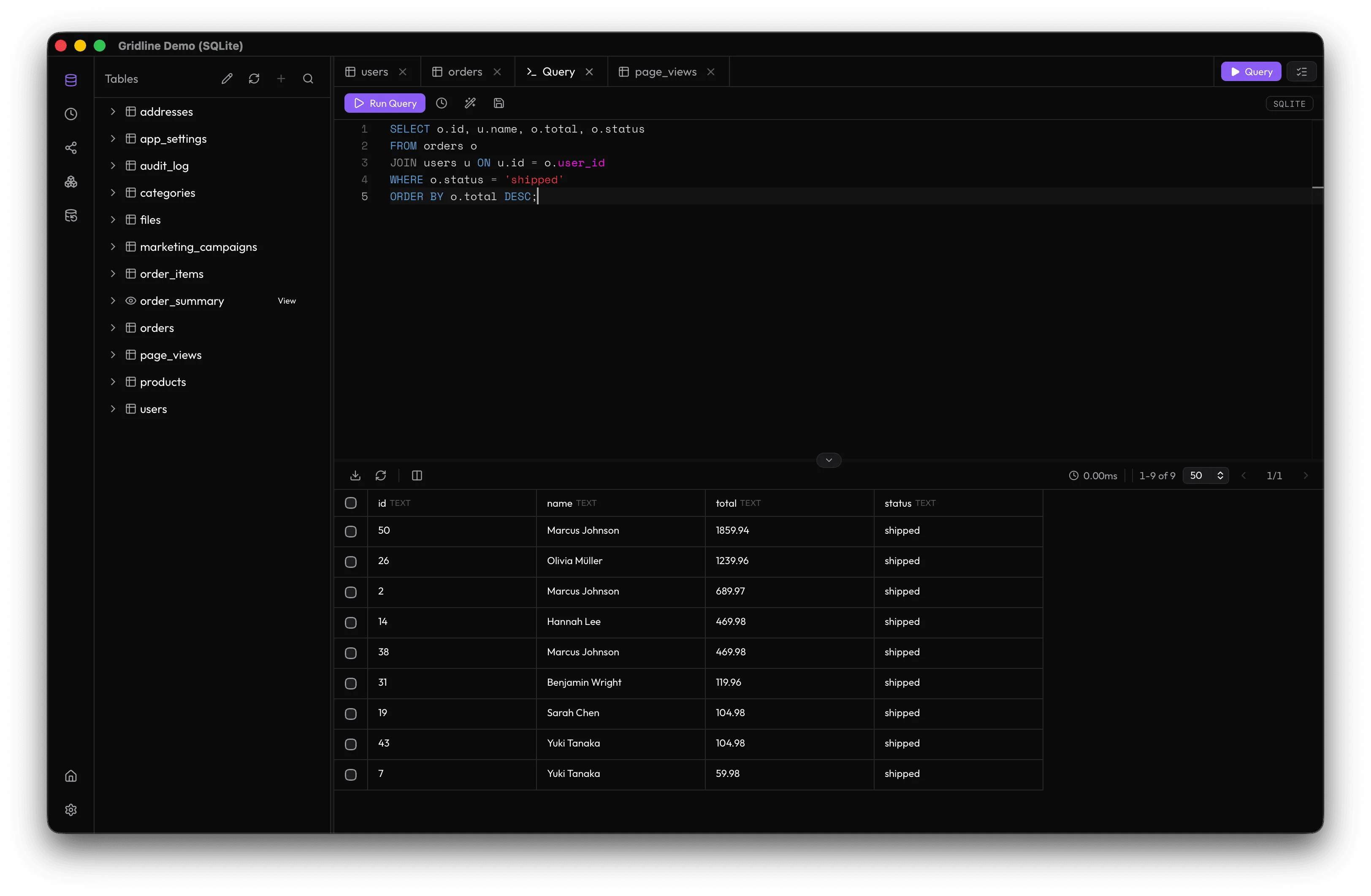 Gridline query editor and data grid